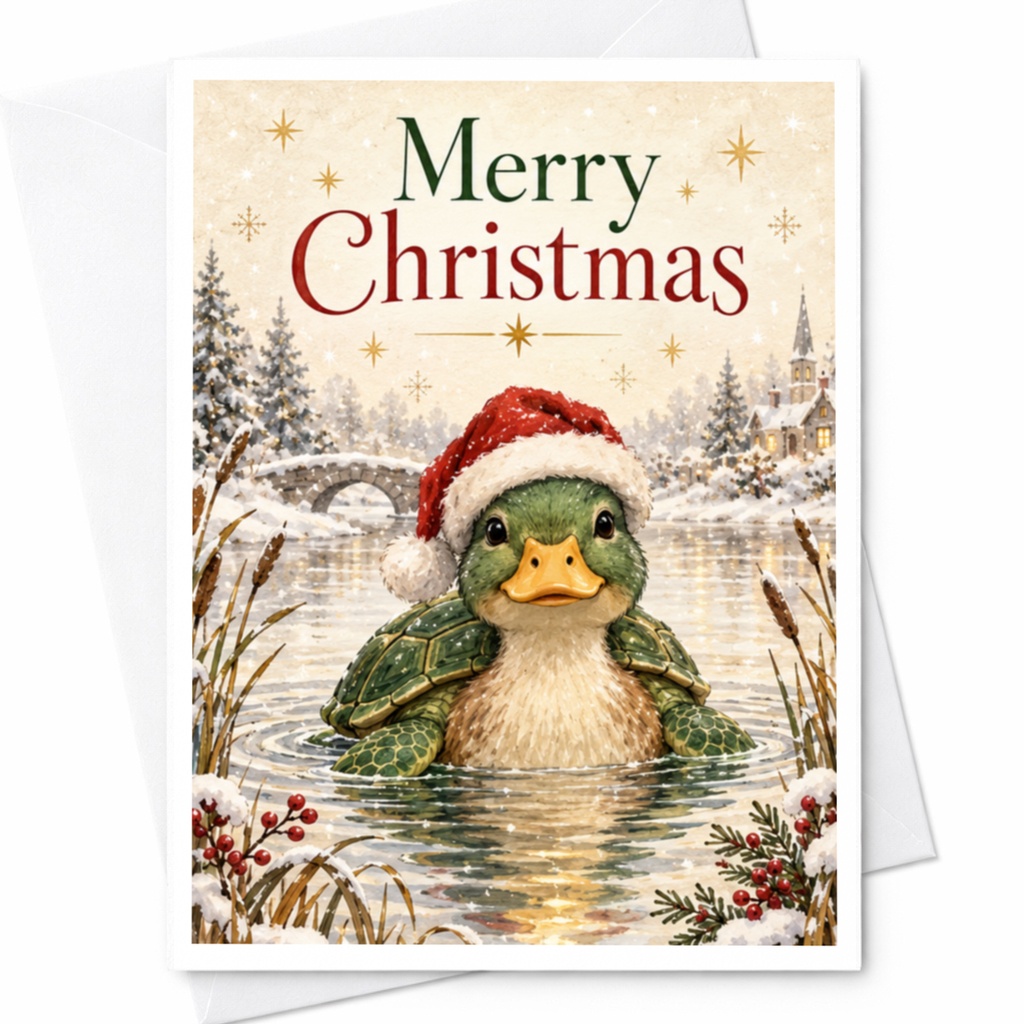 Merry Christmas Cute Duck In Santa Hat Christmas Card Festive Holiday Greeting Card For Animal Lover Winter Scene C7511