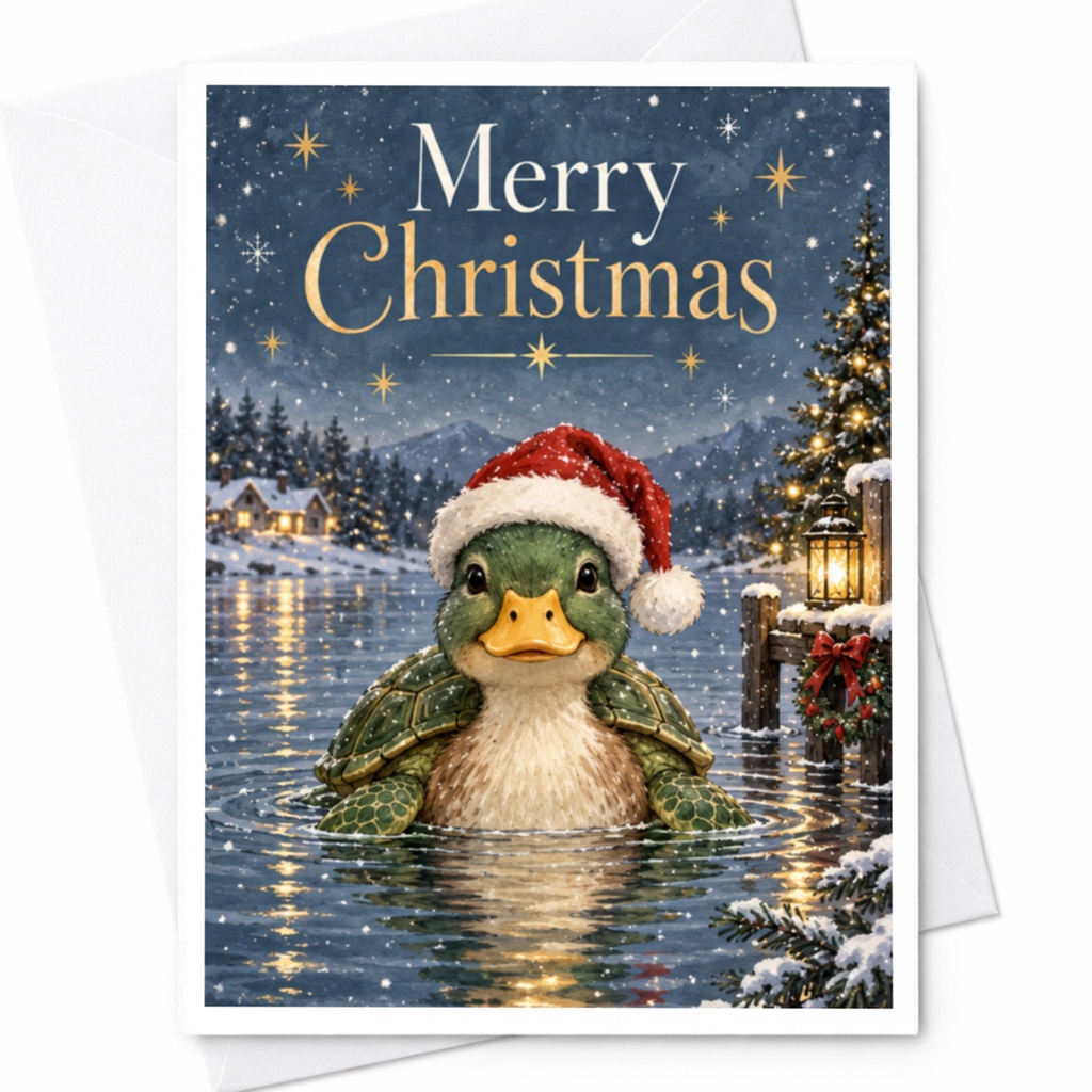Merry Christmas Cute Duck In Santa Hat Christmas Card Festive Holiday Greeting Card For Animal Lovers Winter Scene C7512