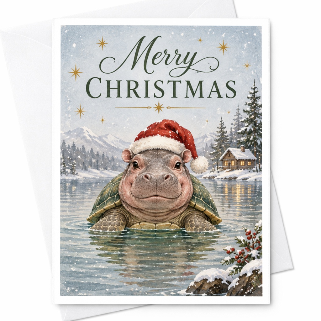 Merry Christmas Cute Hippo Card Funny Holiday Greeting Card Animal Lover Christmas Card For Kids Family Festive Card C7514