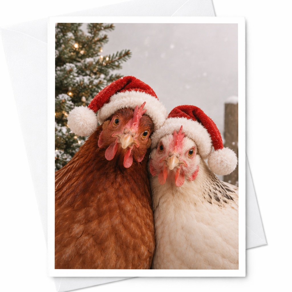 Chickens With Santa Hats Christmas Card Funny Holiday Greeting Card For Animal Lover Cute Festive Card Farm Animal C7519