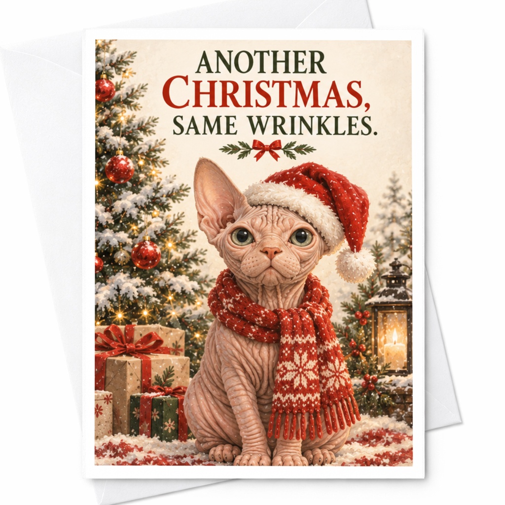 Another Christmas, Same Wrinkles. Funny Christmas Card Sphynx Cat Holiday Greeting Card For Cat Lover Cute Festive C7523