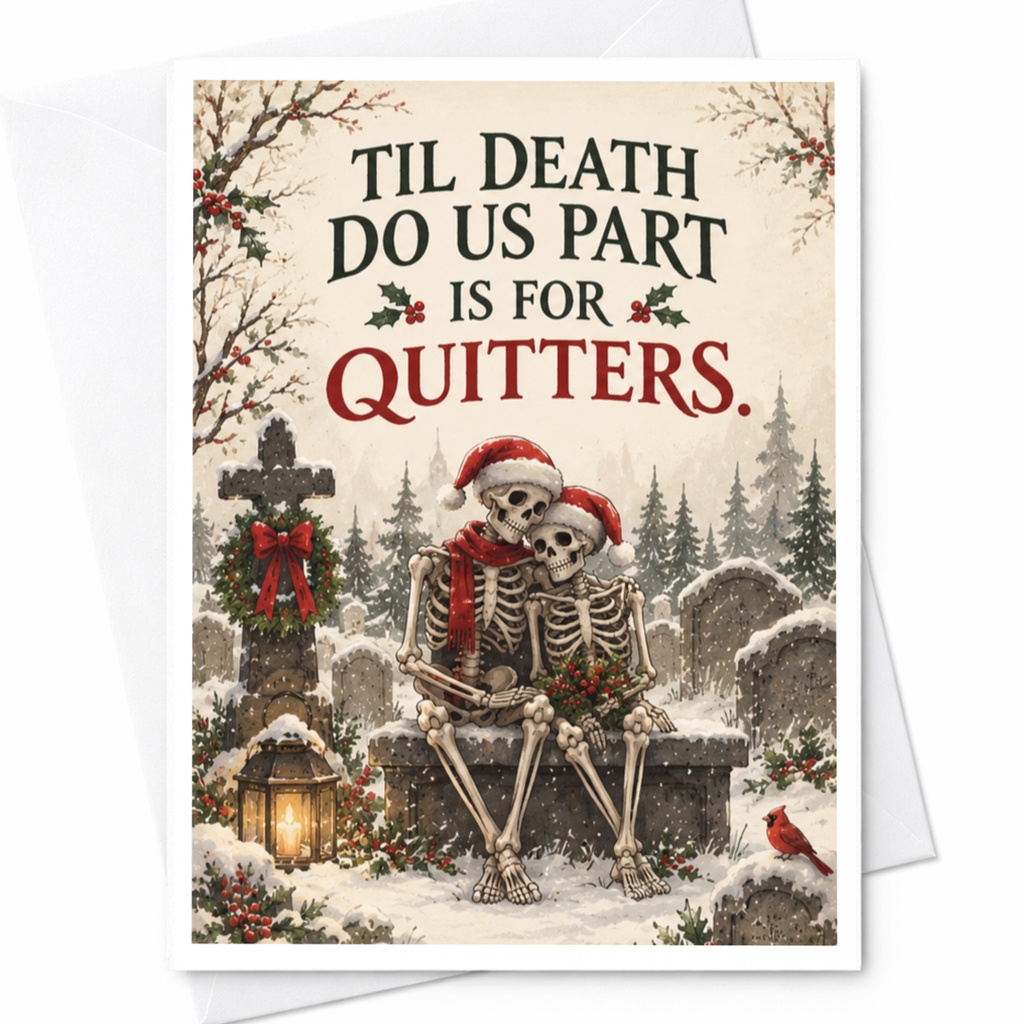Til Death Do Us Part Is For Quitters. Funny Christmas Card Skeleton Couple Holiday Greeting Card For Spouse Romantic Winter Scene C7525