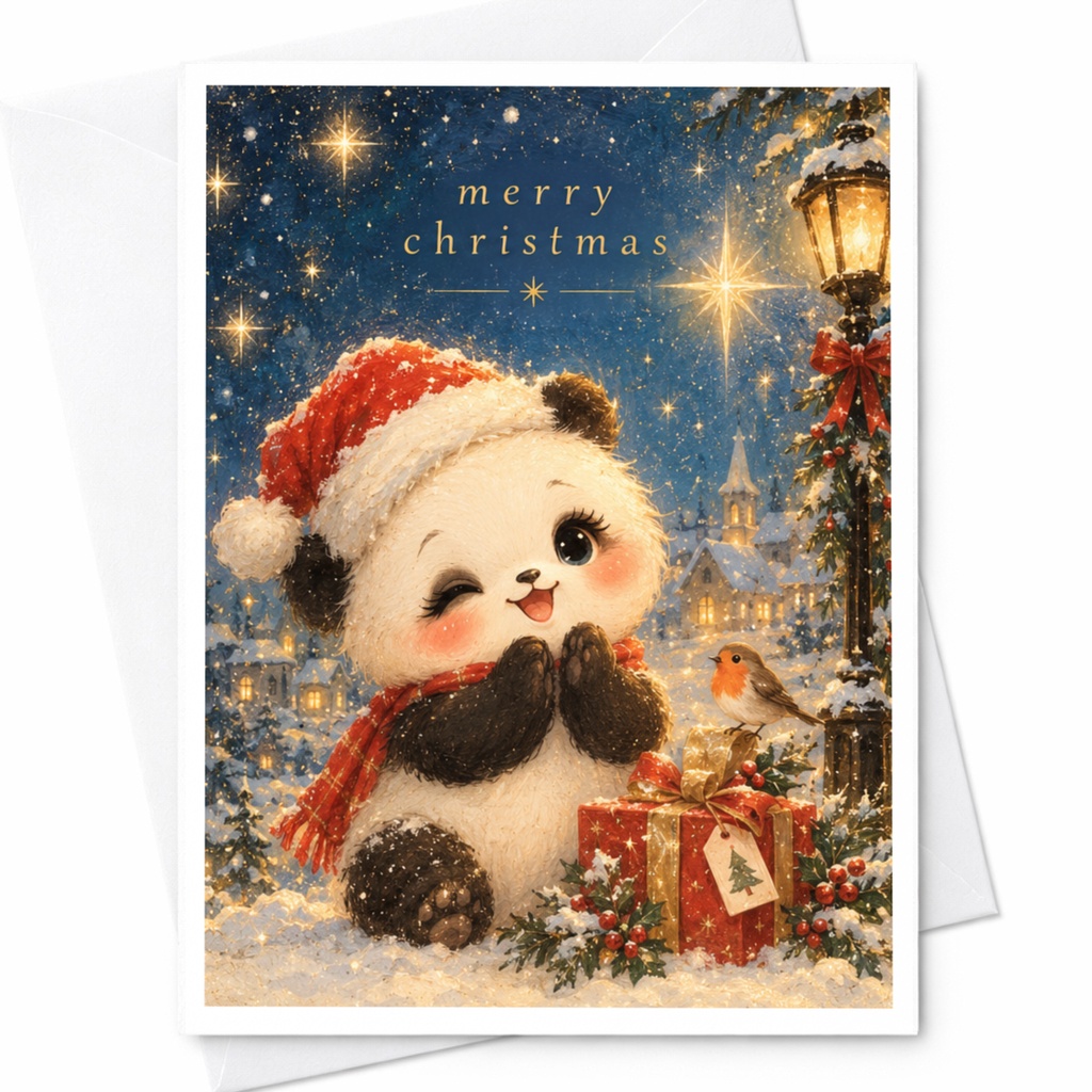 Merry Christmas Cute Panda Card Adorable Holiday Greeting Card Festive Animal For Kids Family Winter Scene C7528