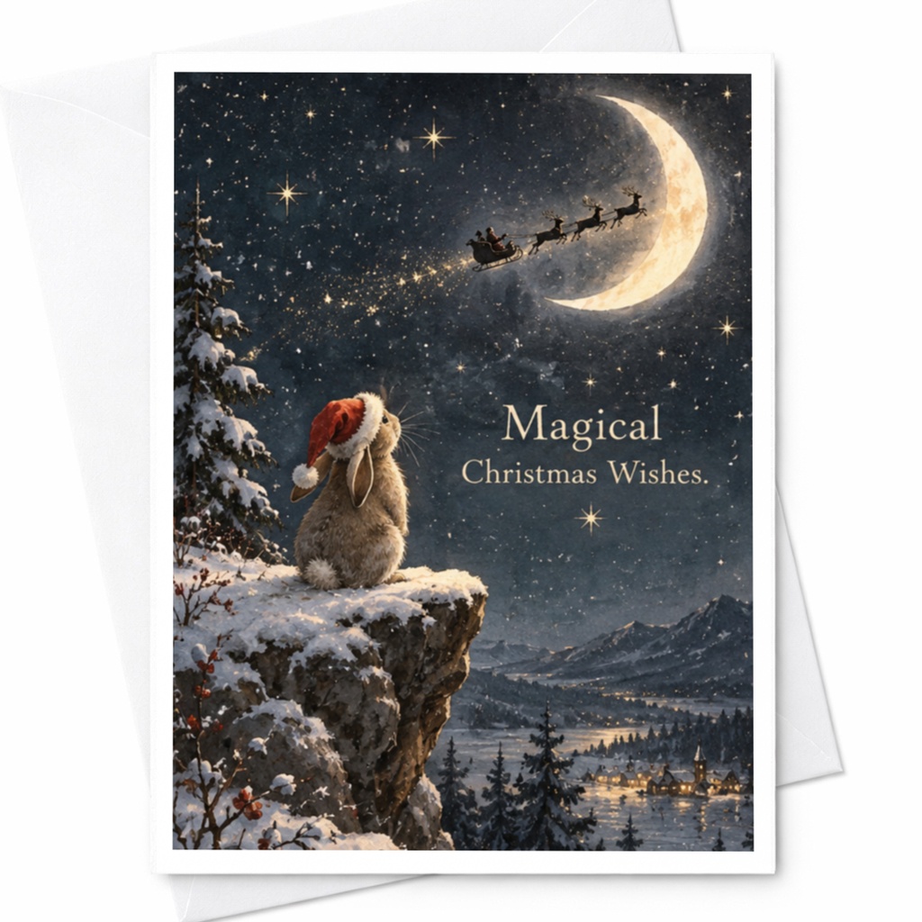 Magical Christmas Wishes Cute Bunny Christmas Card Santa Hat Winter Scene Holiday Greeting Card For Family Friends C7533