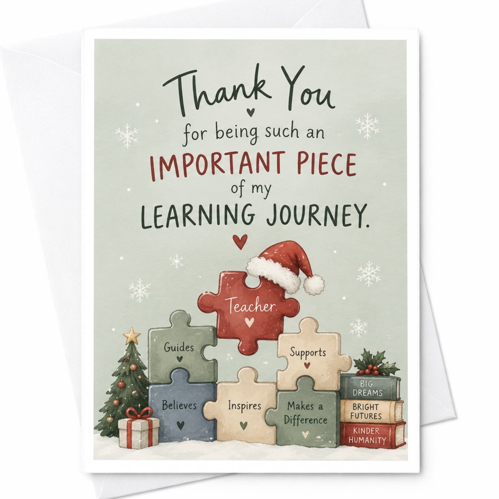 Thank You For Being Such An Important Piece Of My Learning Journey Teacher Appreciation Card Christmas Holiday Card C7536