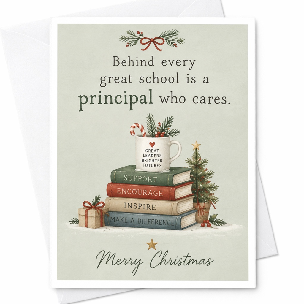 Behind Every Great School Is A Principal Who Cares Merry Christmas Card For Principal Holiday Greeting Card Teacher Appreciation C7538