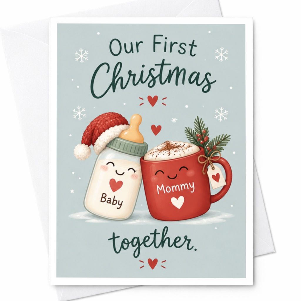 Our First Christmas Together Card Cute Holiday Card For Mommy And Baby Festive Greeting Card With Hearts And Snowflakes C7540