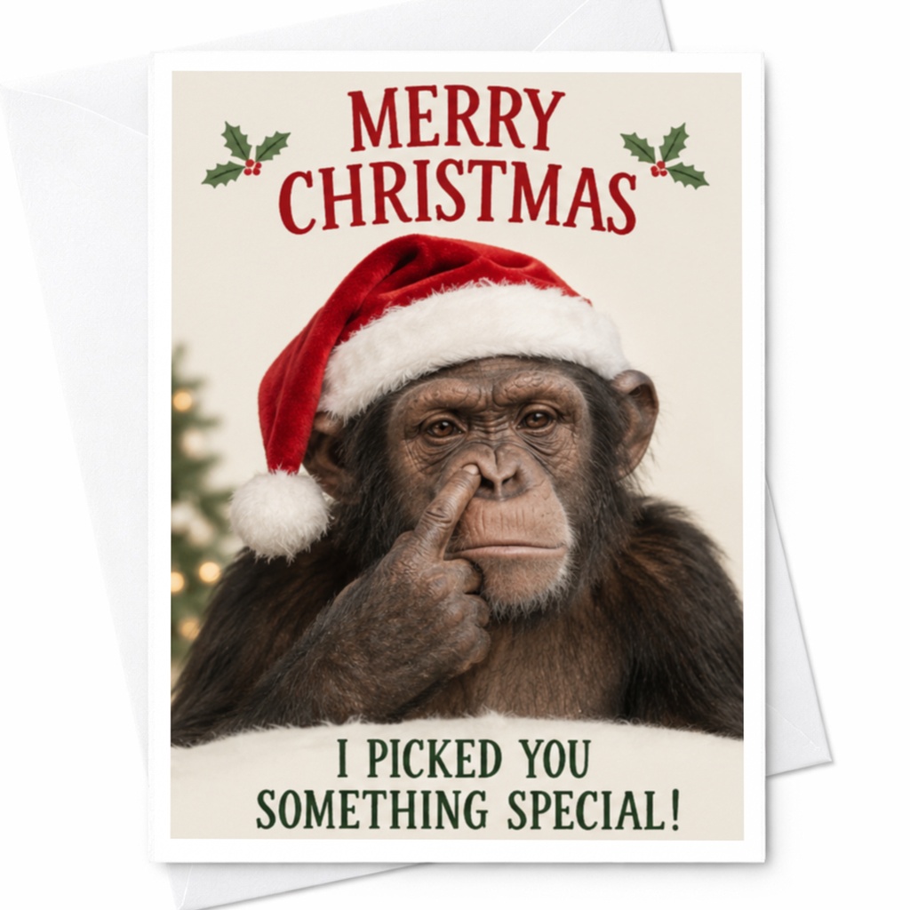Merry Christmas I Picked You Something Special! Funny Christmas Card Chimpanzee Santa Hat Holiday Greeting Card For Friend C7543