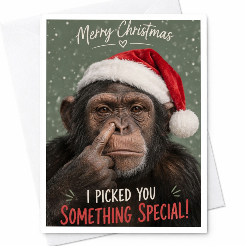 Merry Christmas I Picked You Something Special! Funny Christmas Card Chimpanzee Santa Hat Holiday Greeting Card C7544