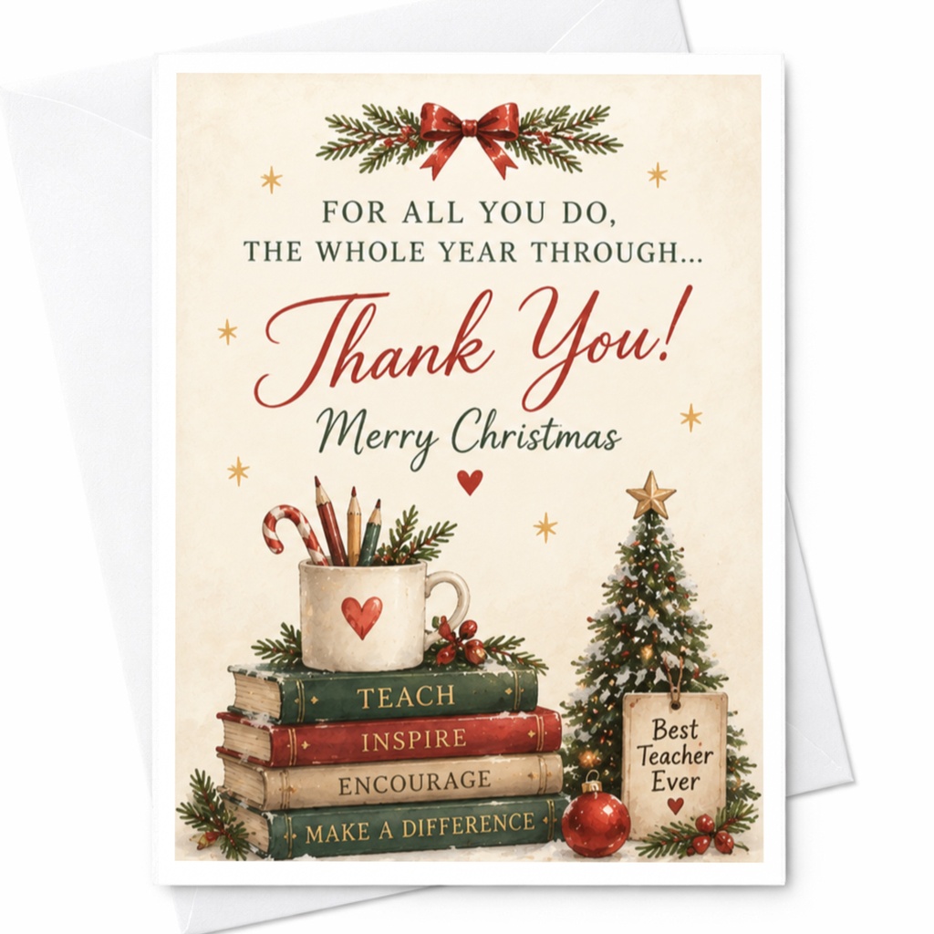 For All You Do, The Whole Year Through... Thank You! Merry Christmas Teacher Appreciation Card Best Teacher Xmas Card C7545