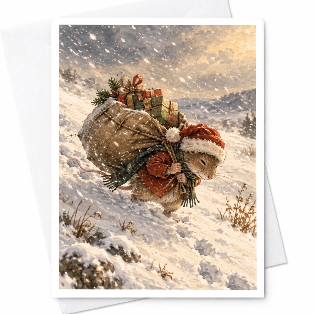 Mouse Carrying Gifts Christmas Card Cute Animal Holiday Greeting Card Winter Scene For Animal Lover Festive Snowy Card C7562