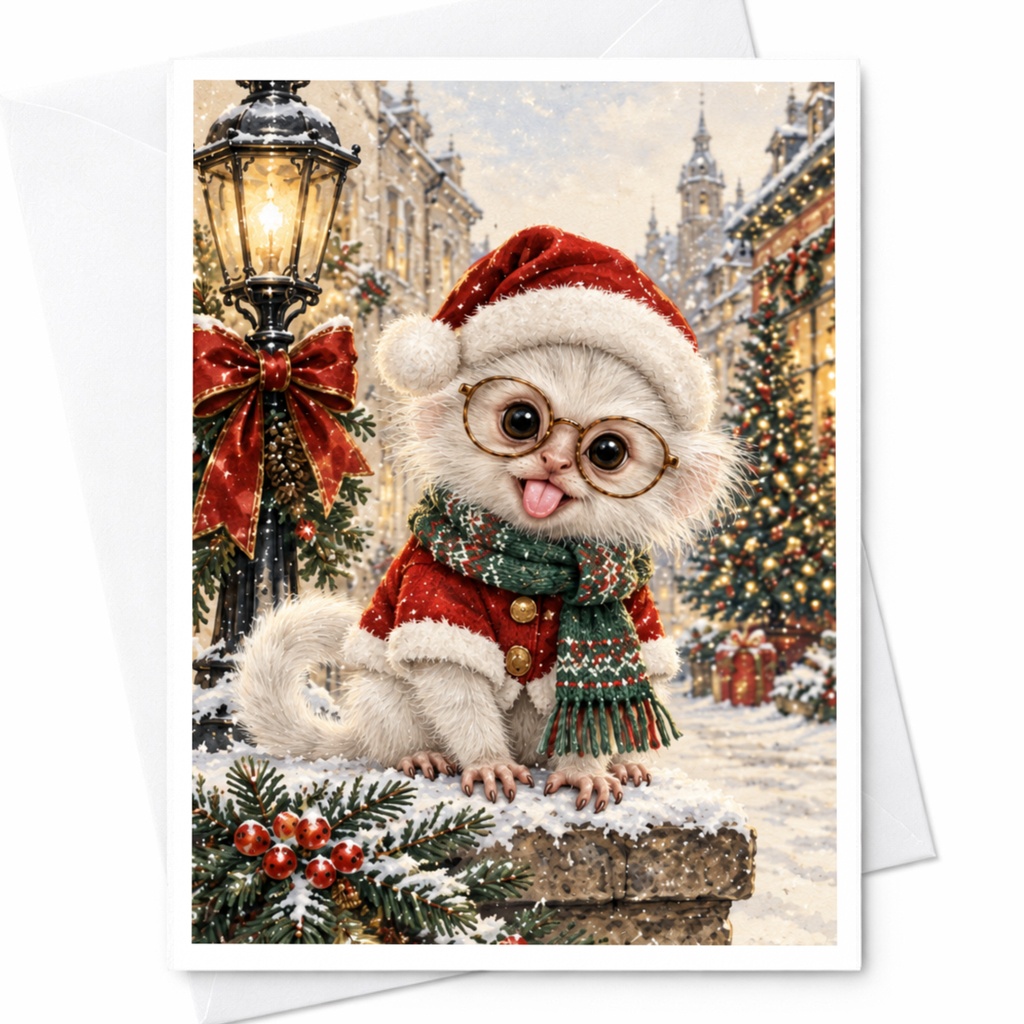 Cute Animal Christmas Card Adorable Santa Outfit Holiday Greeting Card For Animal Lover Festive Winter Scene C7566