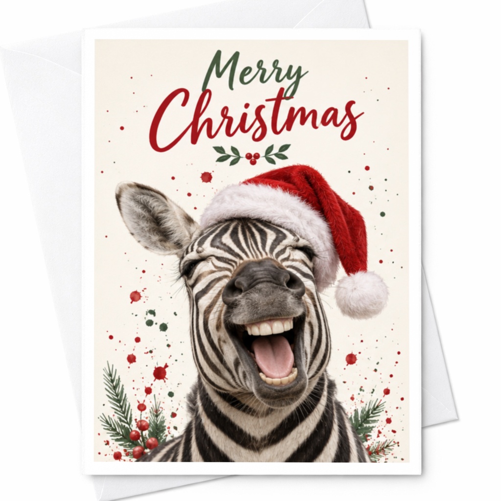 Merry Christmas Funny Zebra Card Cute Animal Holiday Greeting Card Christmas Card For Animal Lover With Santa Hat C7568