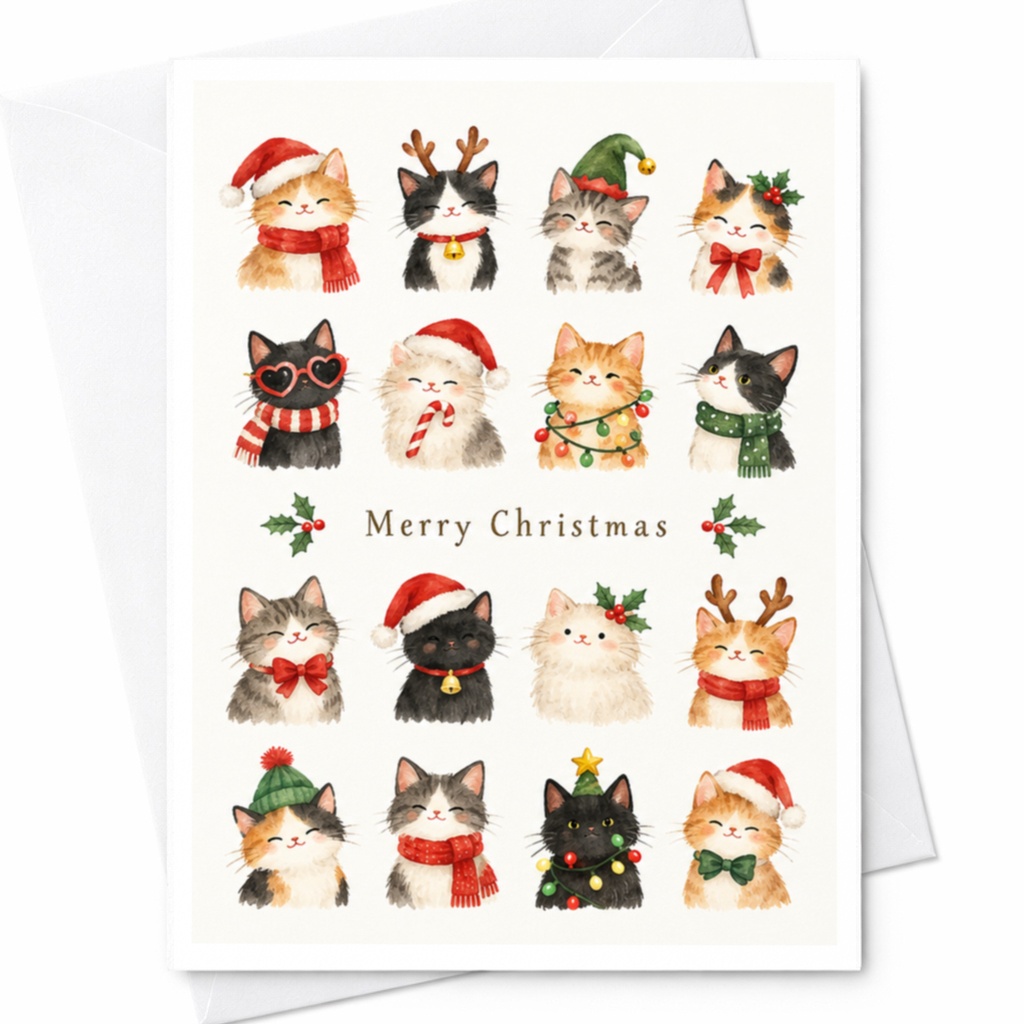 Merry Christmas Cute Cat Card Christmas Greeting Card For Cat Lover Festive Holiday Card Adorable Cats In Santa Hats C7572