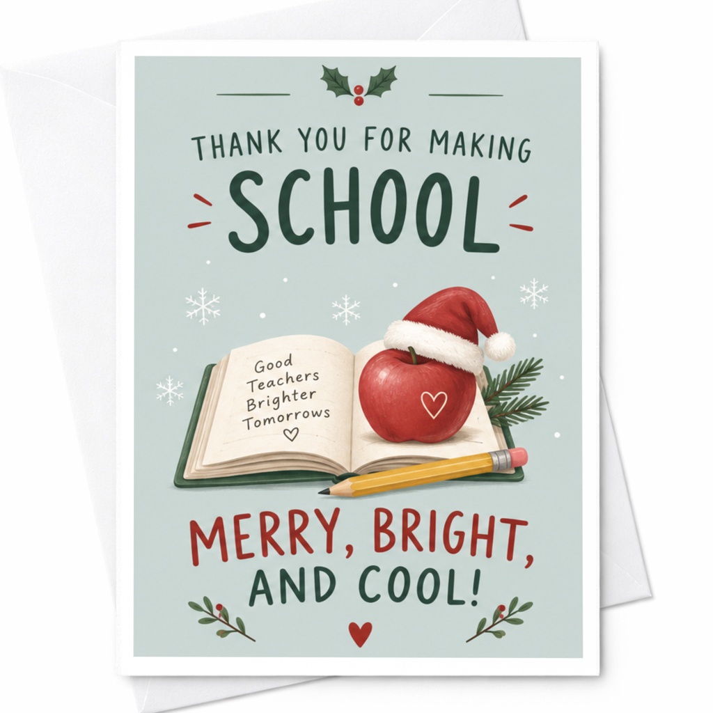Thank You For Making School Merry, Bright, And Cool! Christmas Thank You Card For Teacher Holiday Appreciation Card C7577