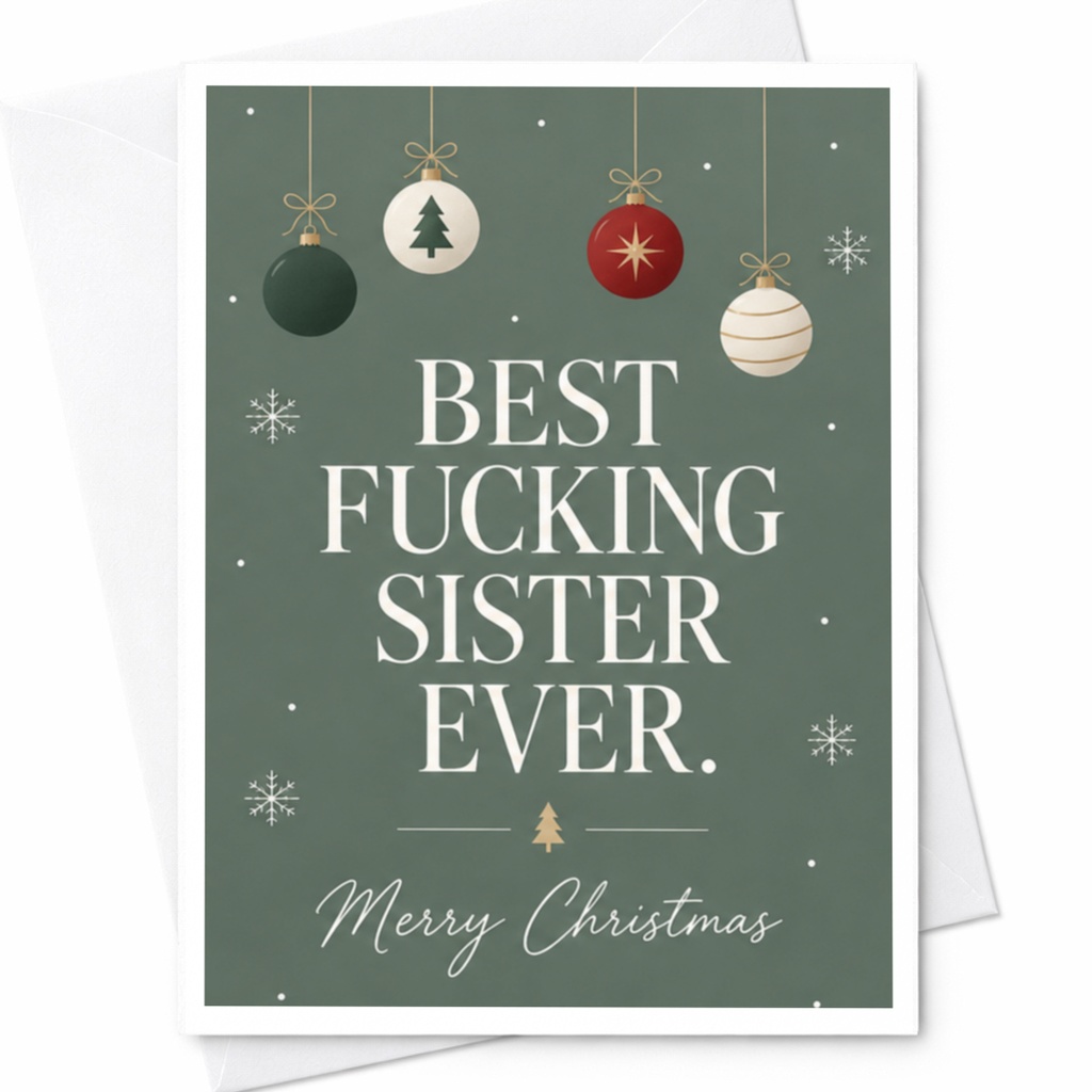 Best Fucking Sister Ever. Merry Christmas Funny Christmas Card For Sister Holiday Greeting Card Cute Xmas Card With Ornaments C7584