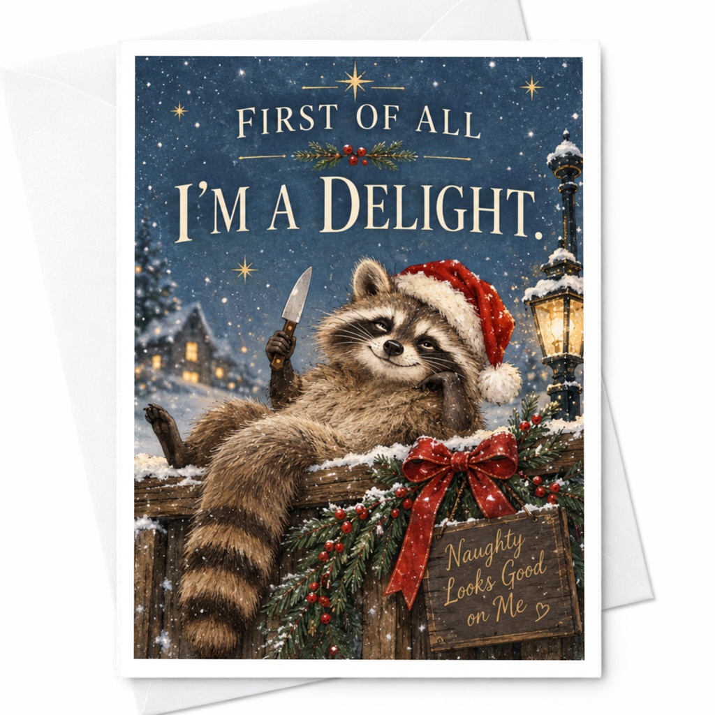 First Of All I'm A Delight. Naughty Looks Good On Me Funny Christmas Card Raccoon Santa Hat Holiday Festive Greeting Card C7592