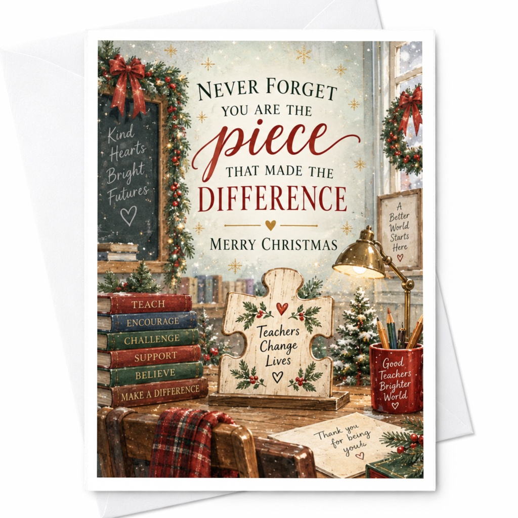 Never Forget You Are The Piece That Made The Difference Merry Christmas Teacher Appreciation Card Holiday Greeting C7594