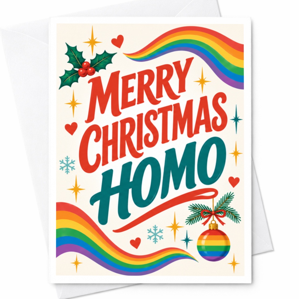 Merry Christmas Homo Funny Christmas Card Lgbtq Holiday Greeting Rainbow Ornament Festive Card For Friends C7602