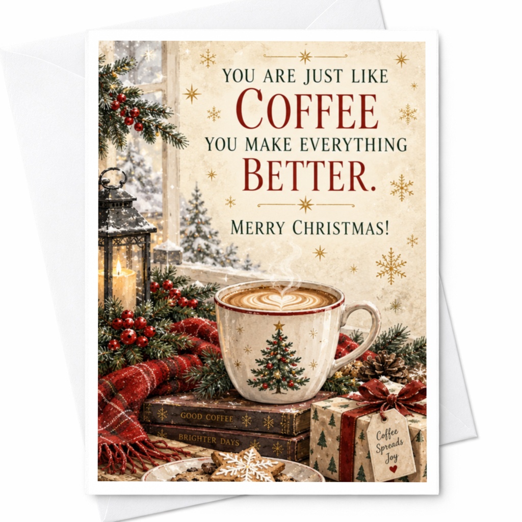 You Are Just Like Coffee You Make Everything Better. Merry Christmas! Festive Christmas Card Coffee Lover Holiday Greeting C7609