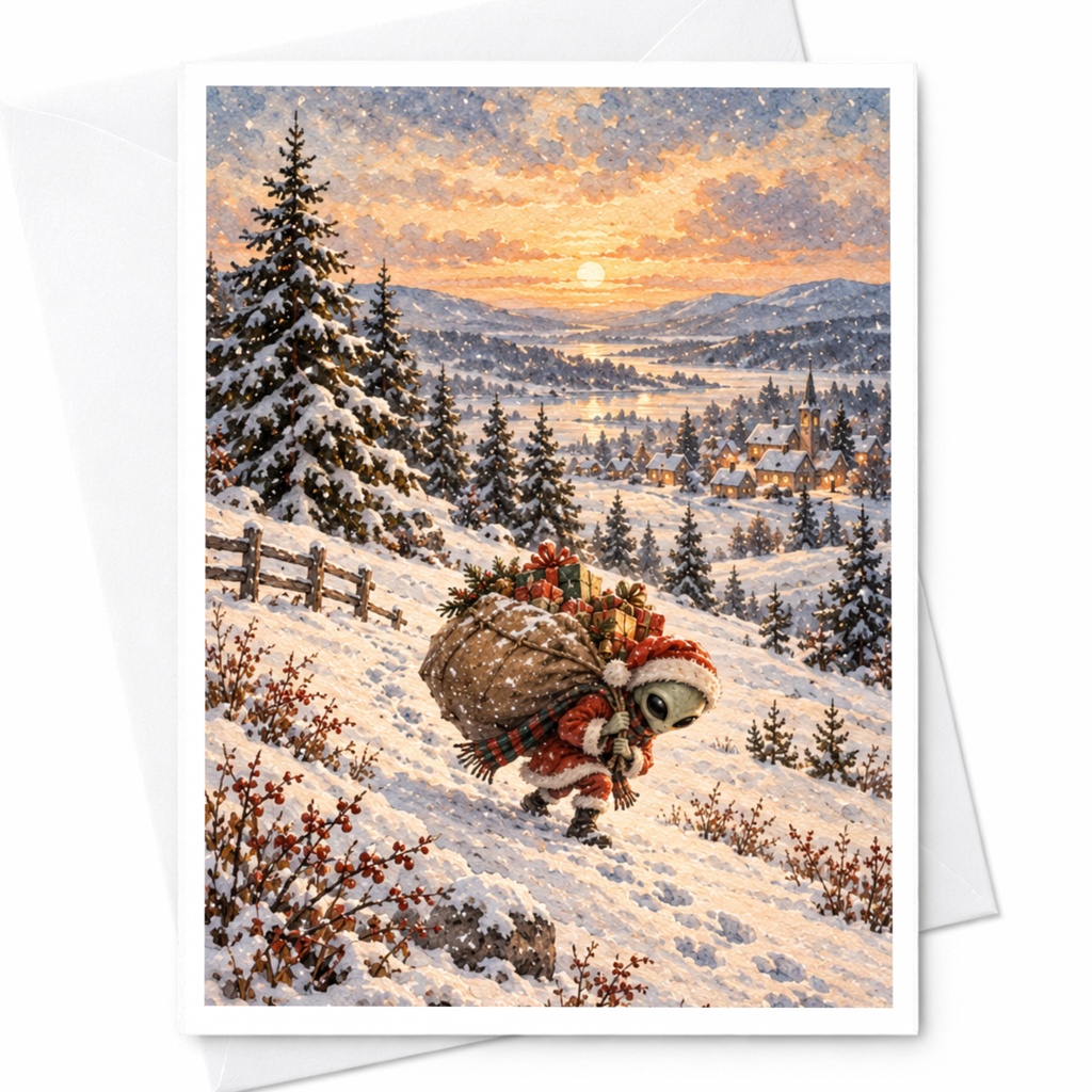 Alien Christmas Card Cute Holiday Greeting Card Winter Wonderland Scene For Kids Family Fun Festive Art C7611