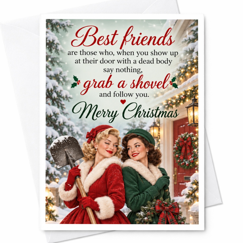 Best Friends Grab A Shovel Merry Christmas Card Funny Holiday Greeting Card For Friend Xmas Card Festive Winter Scene C7614