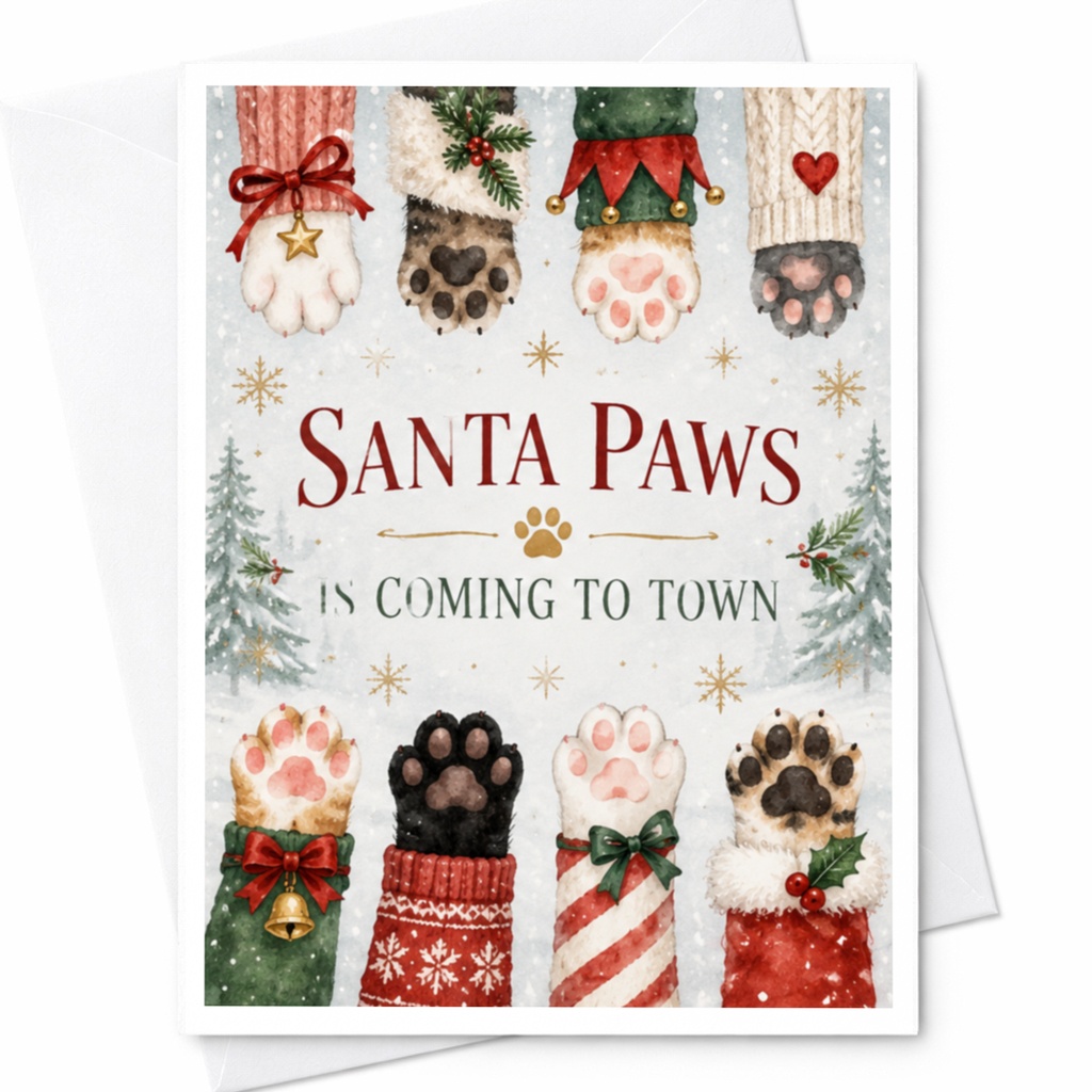 Santa Paws Is Coming To Town Christmas Card Cute Holiday Greeting Card For Dog Lover Festive Pet Lover Card C7619