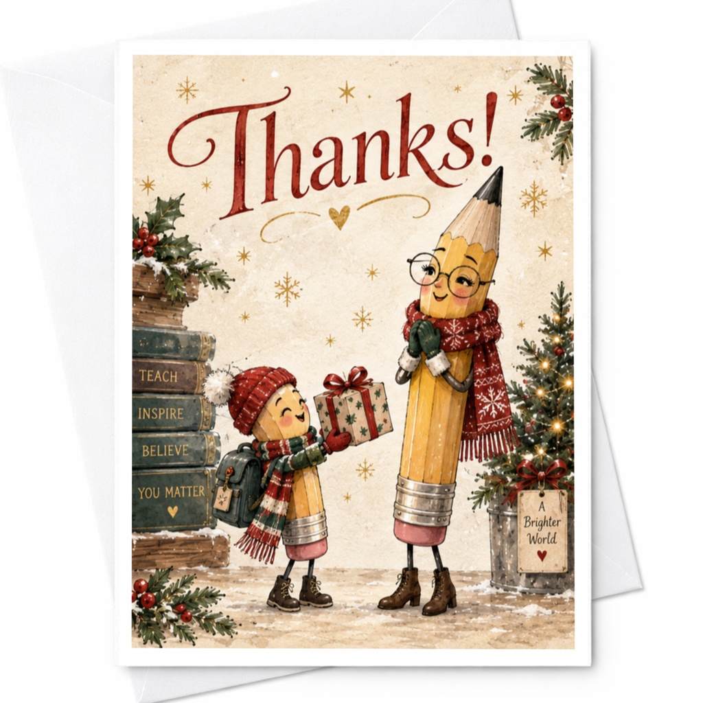 Thanks! Cute Thank You Card Pencil Characters With Gift Holiday Teacher Appreciation Card Christmas Greeting Card C7620