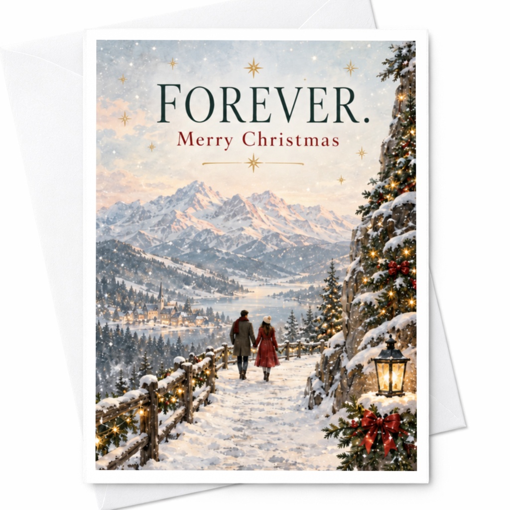 Forever. Merry Christmas Card Romantic Winter Scene Couple Holiday Greeting Card For Him Her Festive Snowy Landscape C7632
