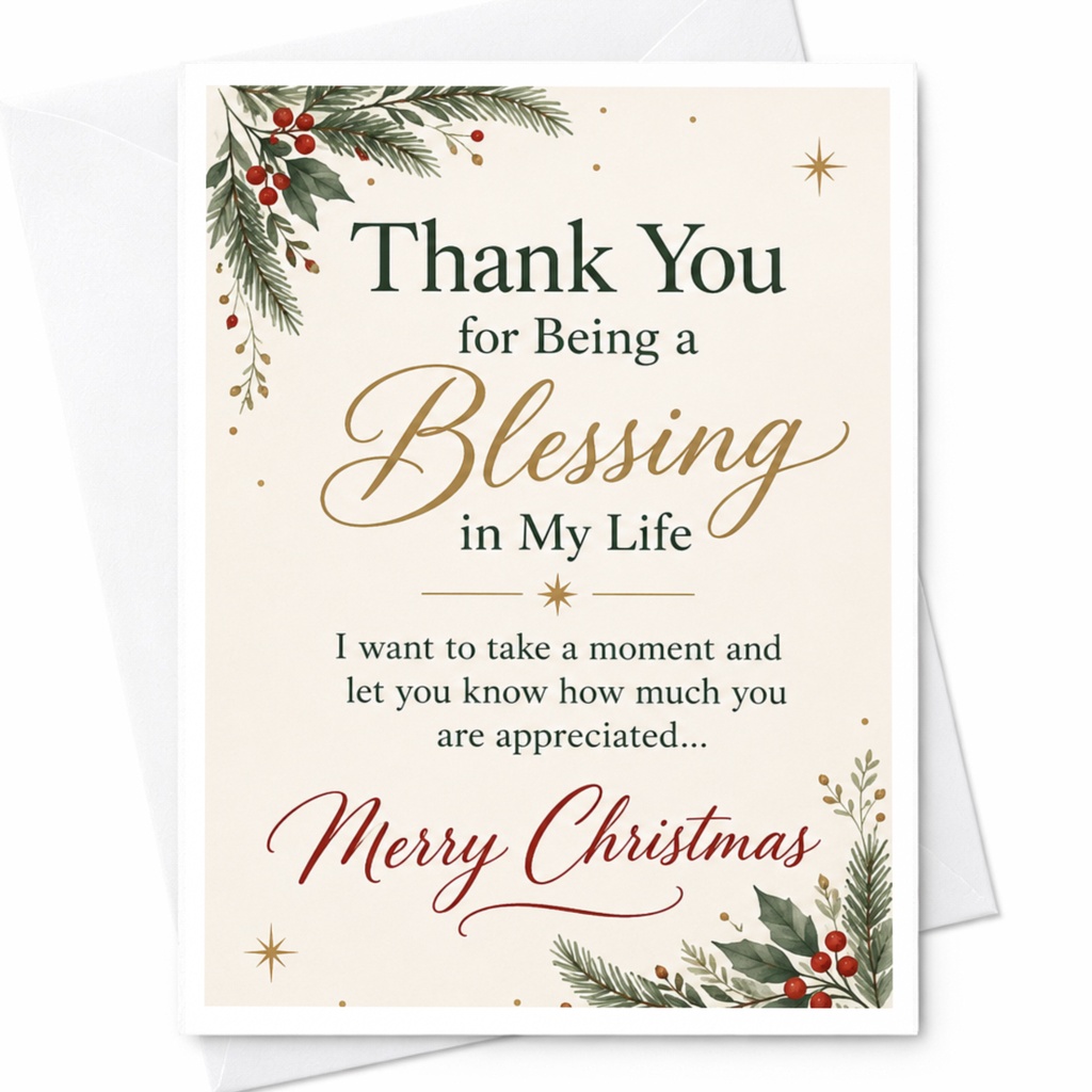 Thank You For Being A Blessing In My Life Merry Christmas Card Festive Holiday Greeting Card For Friend Family Appreciation C7639