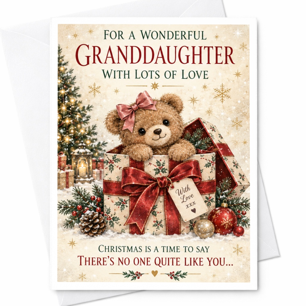 For A Wonderful Granddaughter With Lots Of Love Christmas Card Cute Teddy Bear Holiday Greeting Card For Granddaughter Xmas C7641