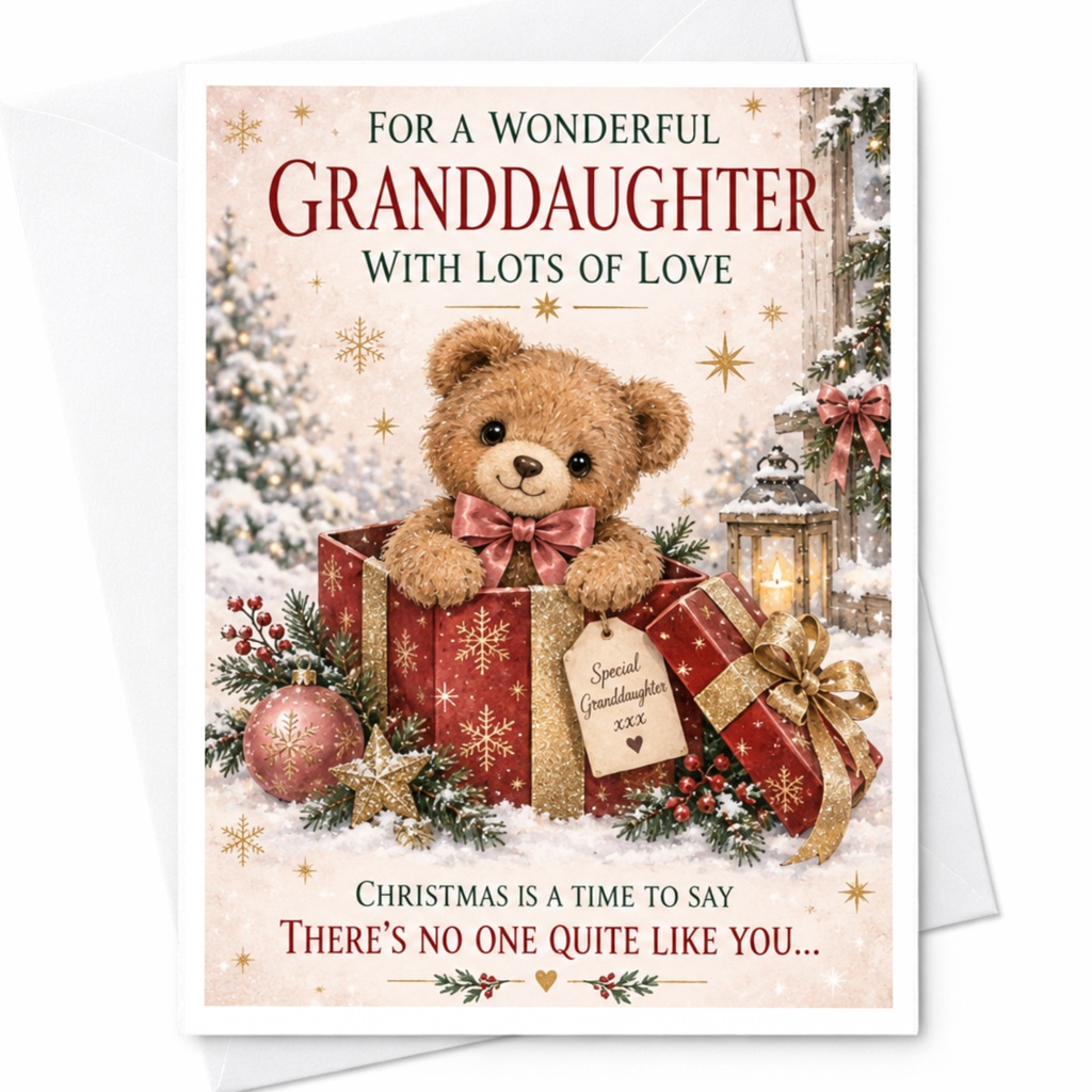 For A Wonderful Granddaughter With Lots Of Love Christmas Card Cute Teddy Bear Granddaughter Xmas Card Special Holiday Greeting C7642