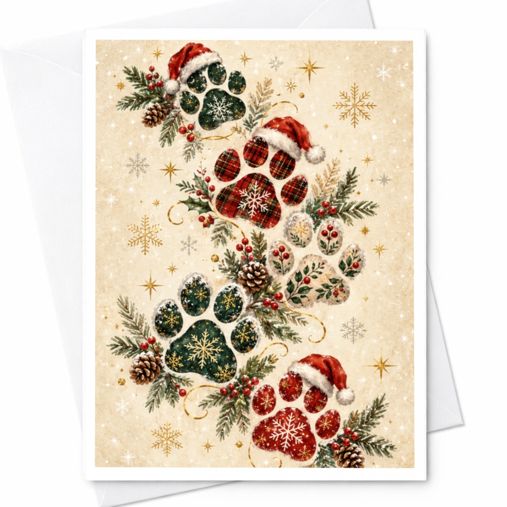 Festive Paw Prints Christmas Card Cute Holiday Greeting Card For Dog Lover Santa Hat Winter Animal Card C7559