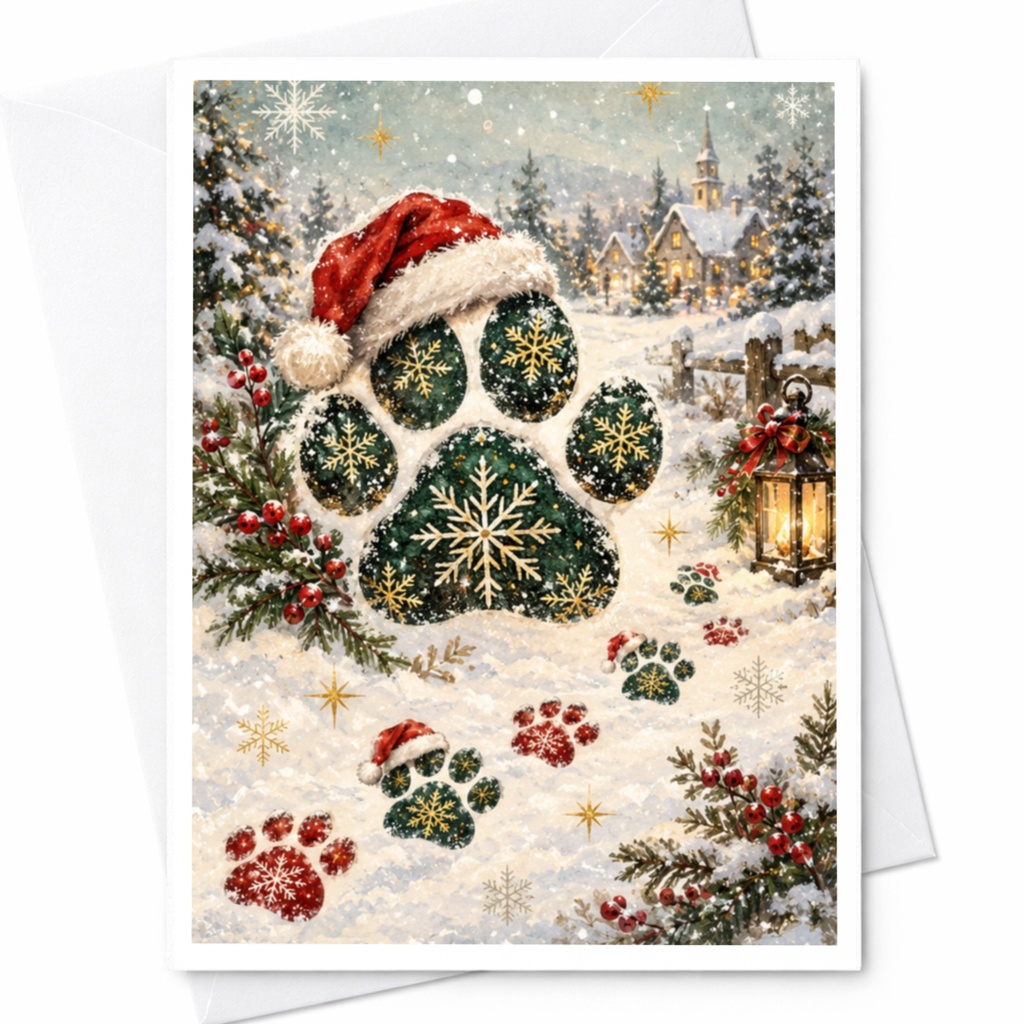 Paw Print Christmas Card Cute Holiday Greeting Card For Dog Lover Winter Scene With Snowflakes Santa Hat Festive C7560