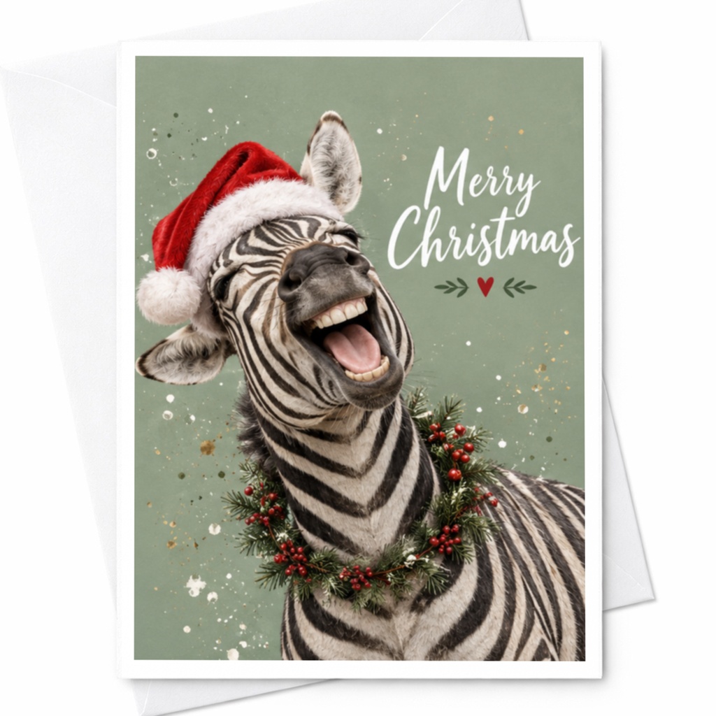 Merry Christmas Funny Zebra Christmas Card Cute Animal Holiday Greeting Card For Animal Lover Festive Santa Hat Card C7569