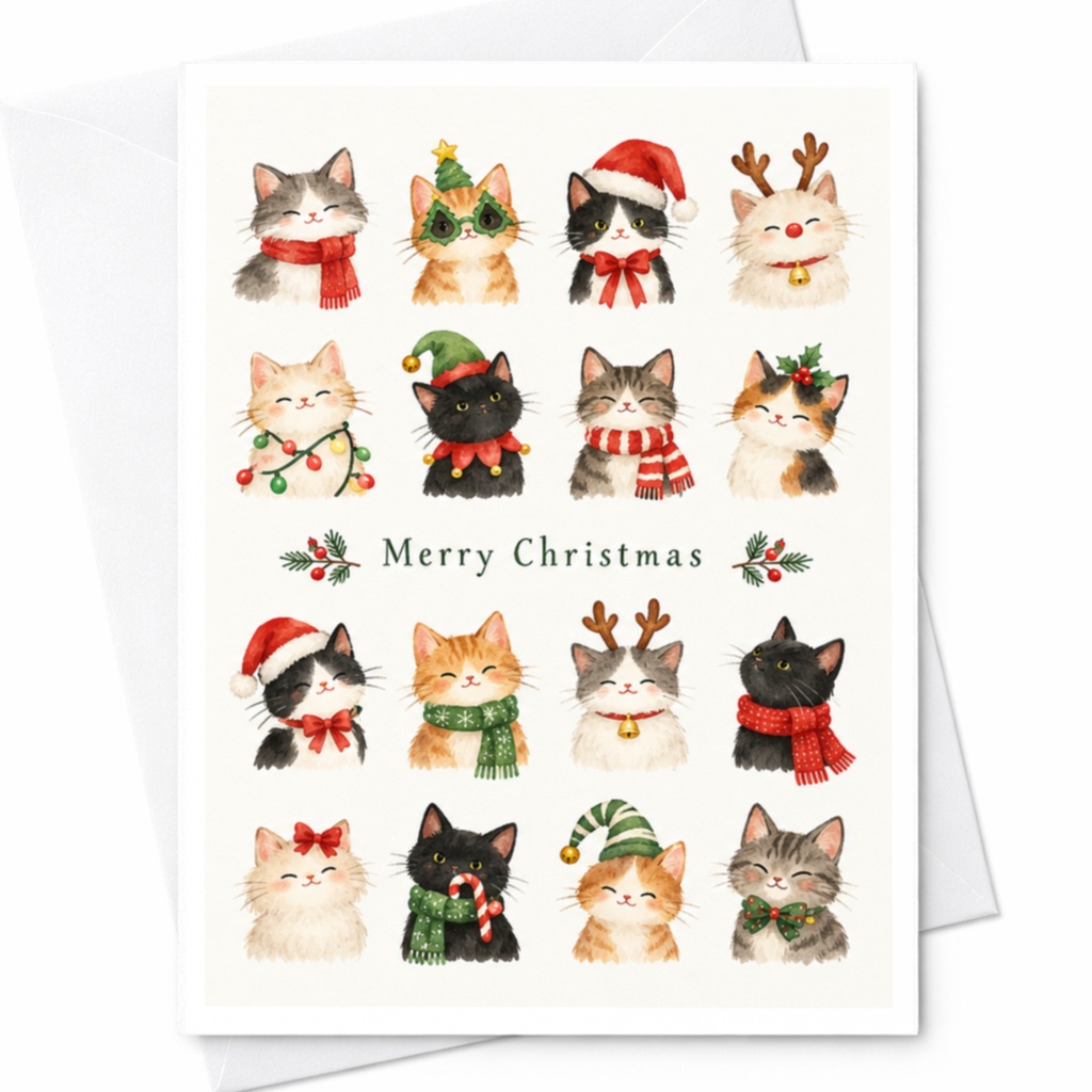 Merry Christmas Cute Cat Card Festive Holiday Greeting Card For Cat Lover Adorable Christmas Card With Cats In Santa Hats C7573