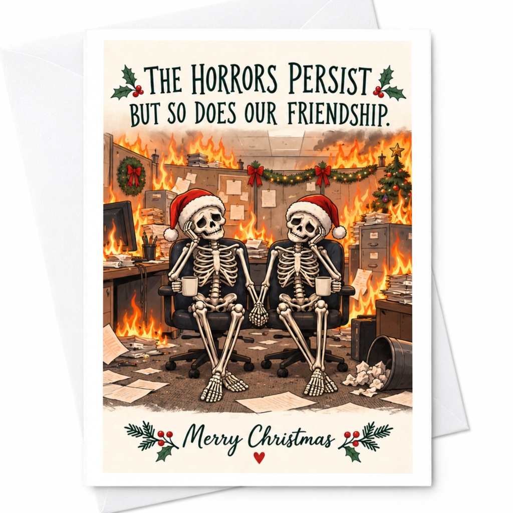 The Horrors Persist But So Does Our Friendship. Merry Christmas Funny Christmas Card Skeletons Office Holiday Greeting Card C7574