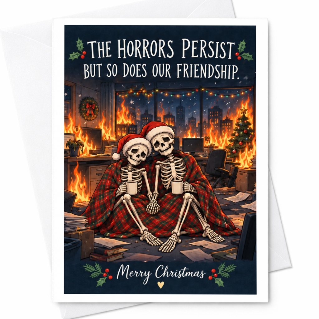 The Horrors Persist But So Does Our Friendship. Merry Christmas Funny Christmas Card Skeletons Santa Hats Friendship Holiday Card C7575
