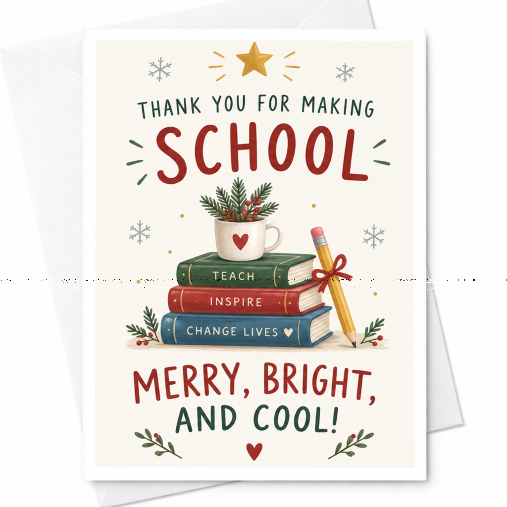 Thank You For Making School Merry, Bright, And Cool! Christmas Thank You Card Teacher Appreciation Holiday Greeting Card C7576