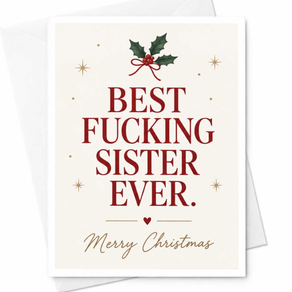 Best Fucking Sister Ever. Merry Christmas Funny Christmas Card For Sister Holiday Greeting Card With Holly And Stars C7583