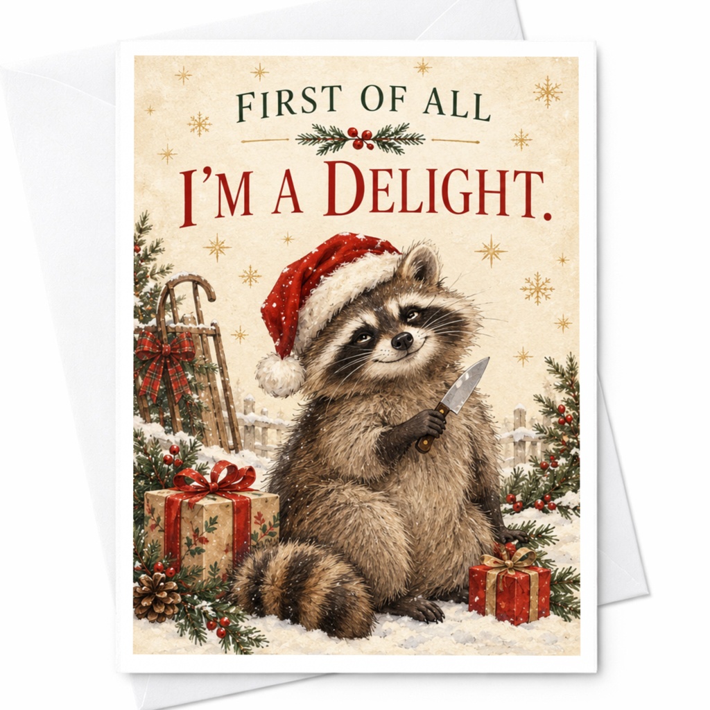 First Of All I'm A Delight. Funny Christmas Card Raccoon With Santa Hat Holiday Cute Animal Greeting Card For Friends C7591