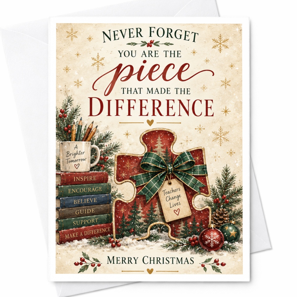 Never Forget You Are The Piece That Made The Difference Merry Christmas Card Teacher Appreciation Holiday Greeting Card C7593