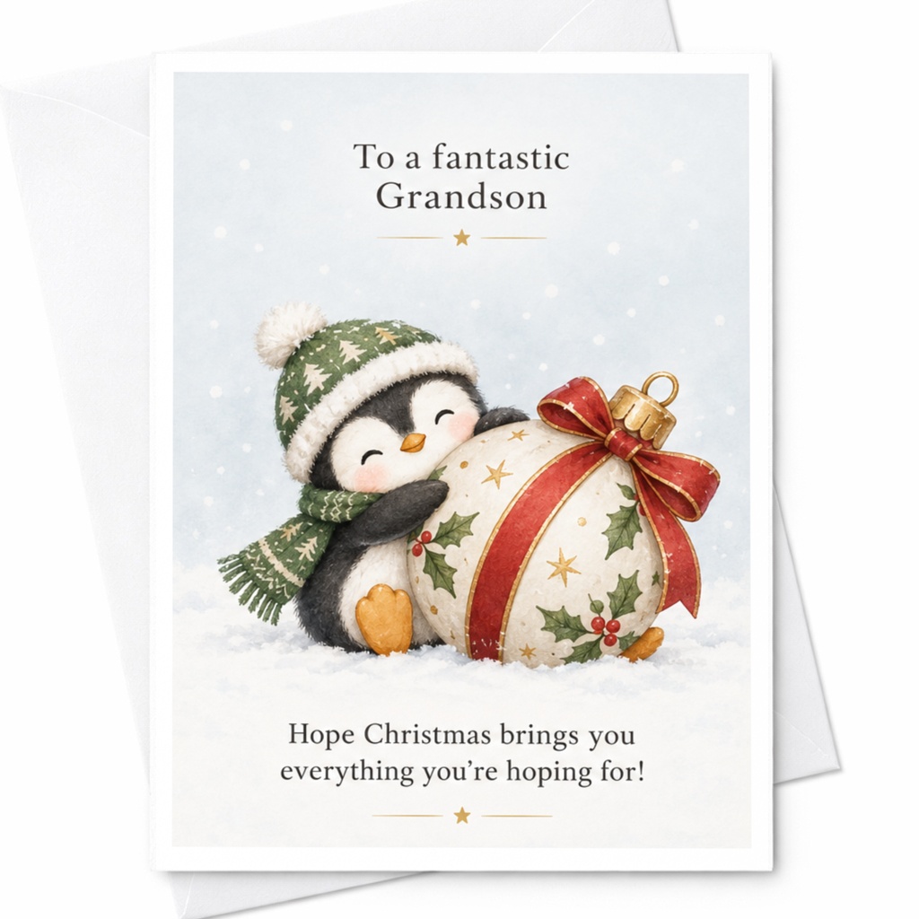 To A Fantastic Grandson Christmas Card Cute Penguin With Ornament Holiday Greeting Card For Grandson Festive Xmas Wishes C7598