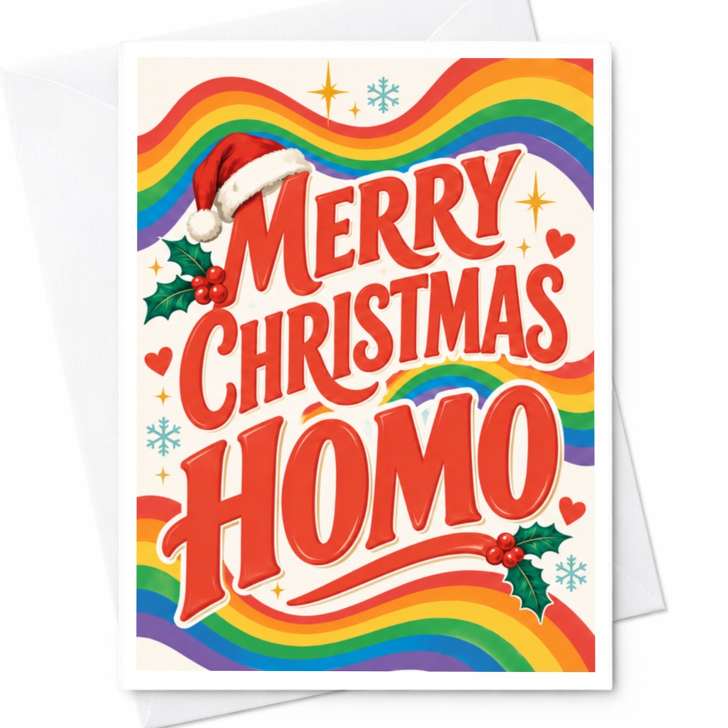Merry Christmas Homo Funny Christmas Card Lgbtq Holiday Greeting Rainbow Holly Festive Card For Friend Cute Xmas Card C7601
