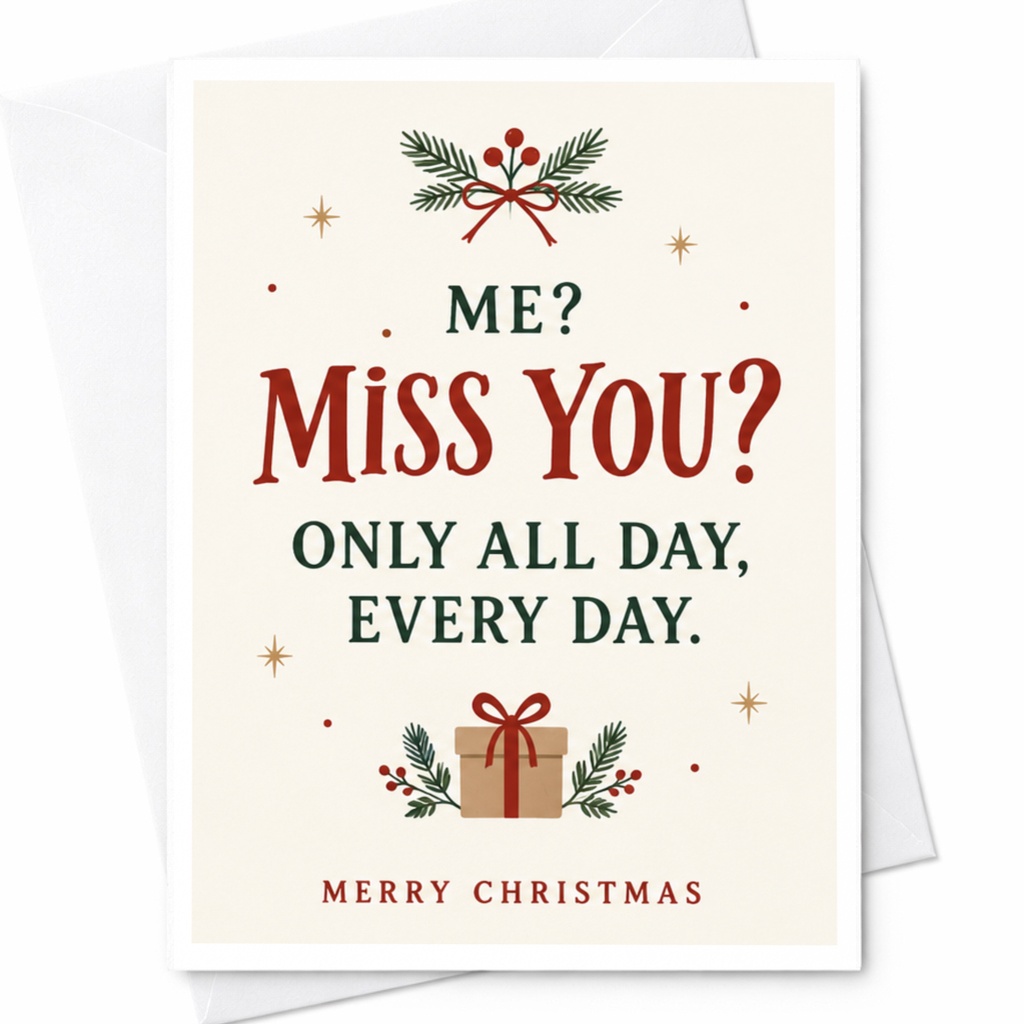 Me? Miss You? Only All Day, Every Day. Merry Christmas Card Cute Holiday Greeting Card For Loved One Romantic Xmas Card C7605
