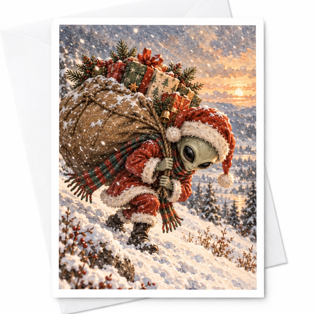 Alien Santa Christmas Card Cute Holiday Greeting Card For Sci-Fi Lovers Funny Festive Card With Gifts Snowy Scene C7612