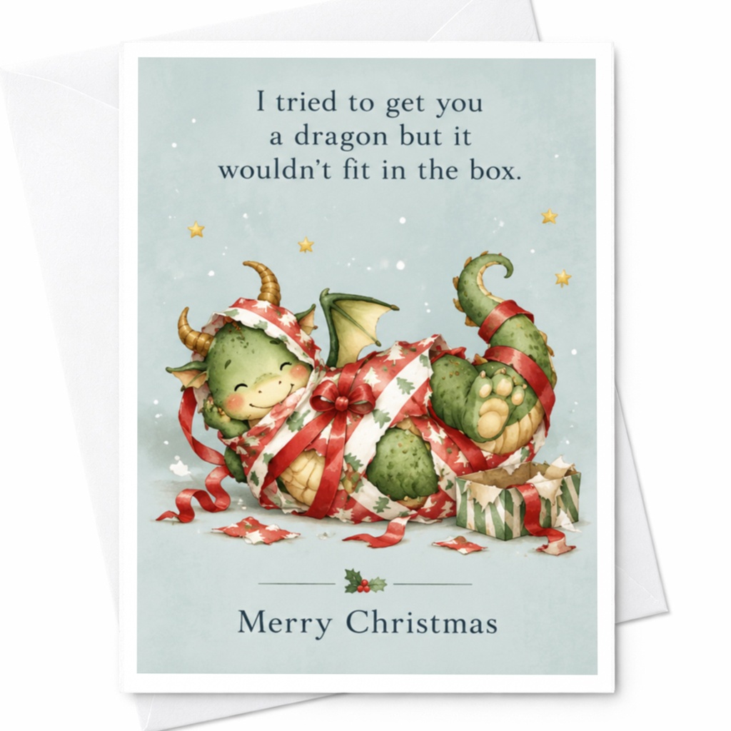 I Tried To Get You A Dragon Funny Merry Christmas Card Cute Holiday Greeting Card For Kids Family Whimsical Dragon C7617