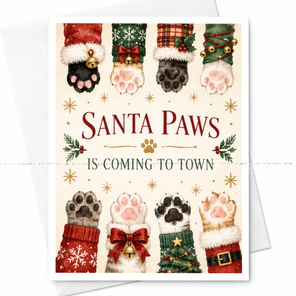 Santa Paws Is Coming To Town Christmas Card Cute Holiday Greeting Card For Dog Lover Festive Pet Lover Card With Paws C7618