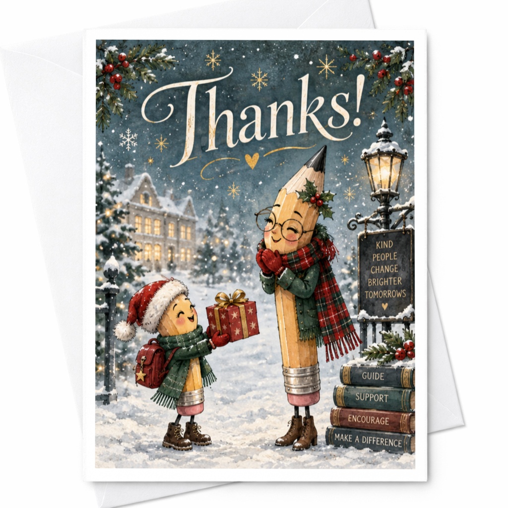 Thanks! Cute Thank You Card Pencil Characters Winter Scene Holiday Greeting Card Encouragement Support Kindness C7621