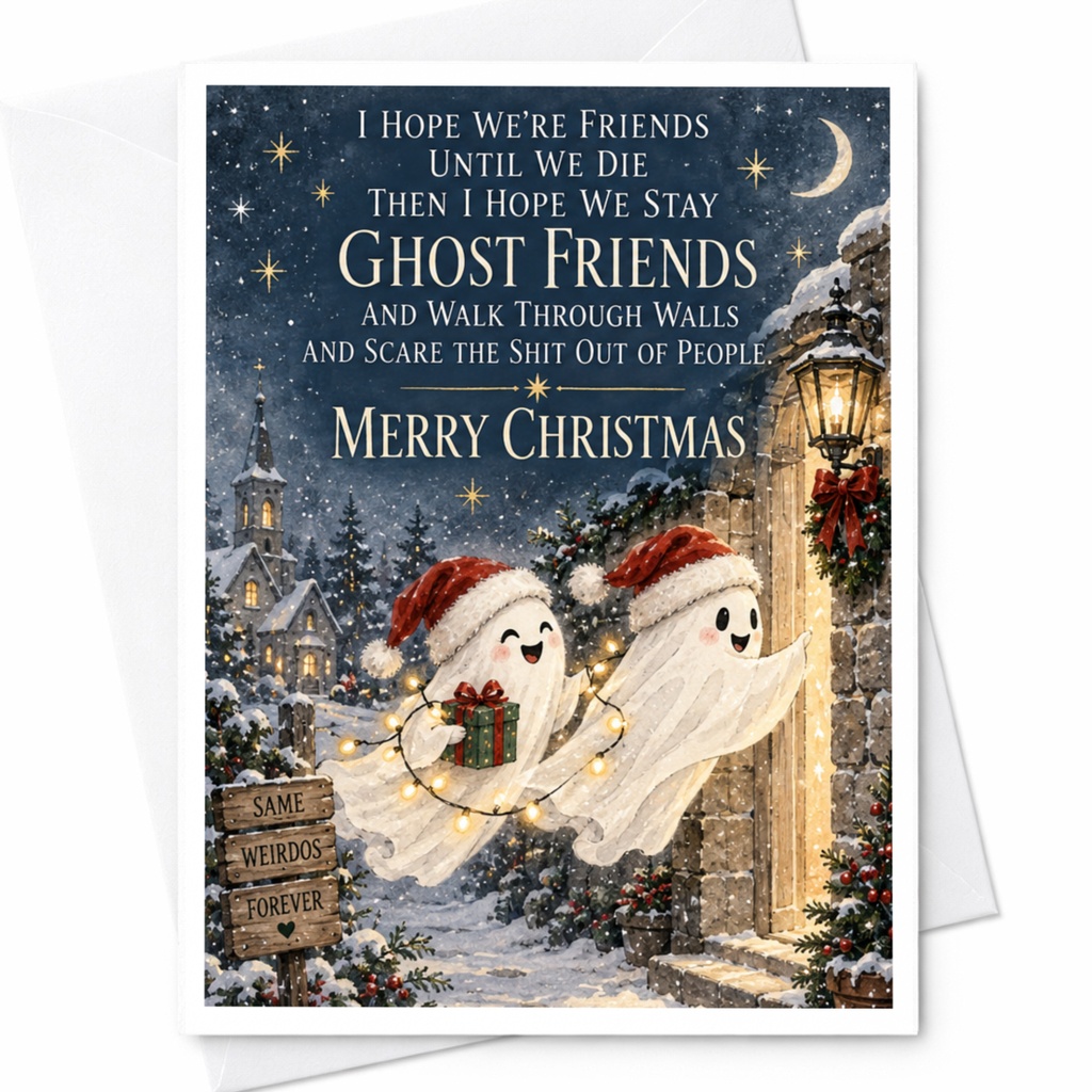 I Hope We're Friends Until We Die Ghost Friends Merry Christmas Card Funny Holiday Greeting Card For Friend Cute Ghosts C7623